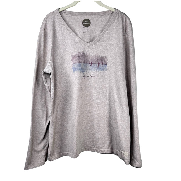 Life is Good Tan Ice Hockey Theme V-Neck Long Sleeve T-shirt Womens Large - Picture 1 of 11